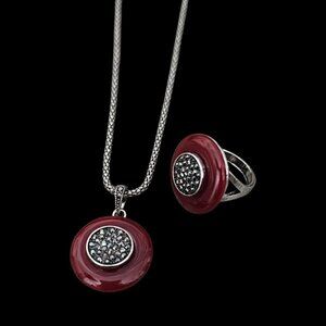 Vintage Hematite Crystal Center Round Retro Red Pendant Necklace And Ring Set